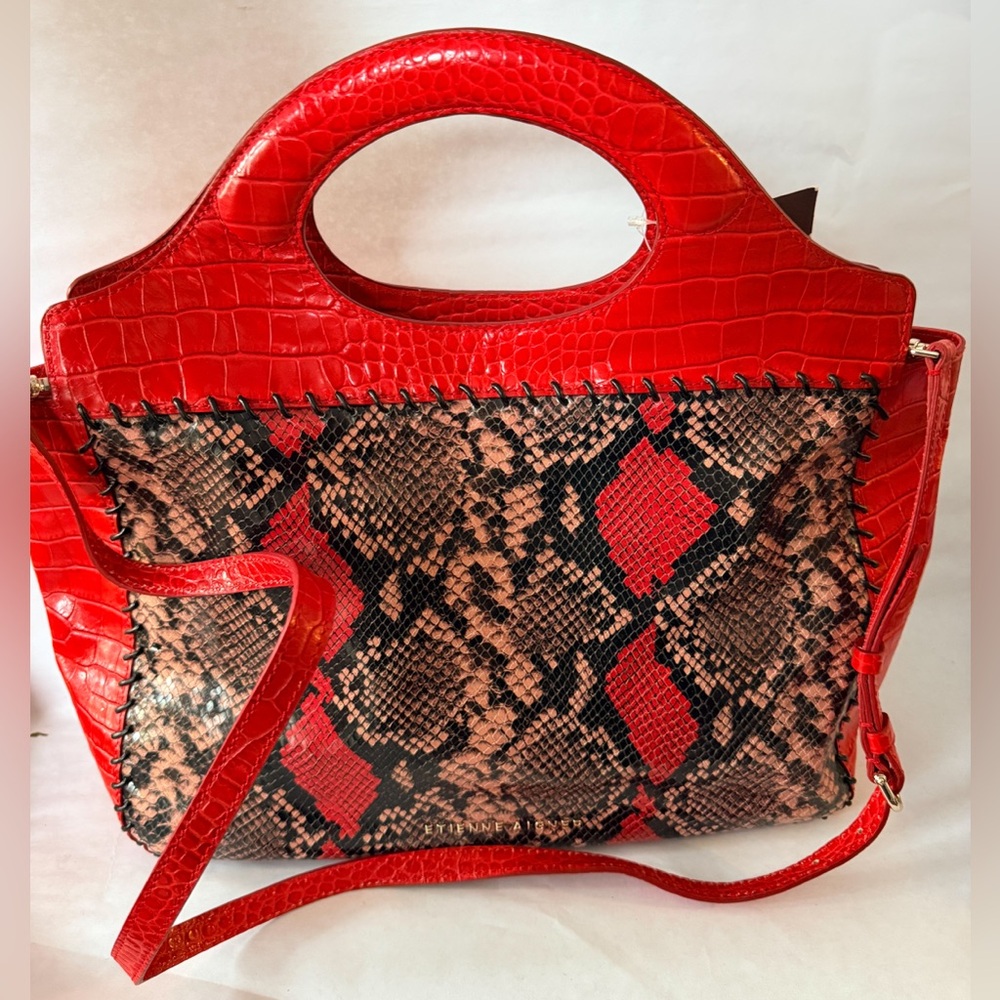 NWT Etienne Aigner Dorinda Tote Red & Black snakeskin & crocodile patterns